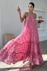 3D Flower Decor Loose Fit A-Line Ruffled Trim Maxi Slip Dresses-Pink
