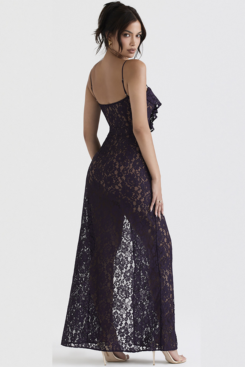 Floral Jacquard Lace Ruffled Deep V Neck High Slit Maxi Slip Dresses-Black