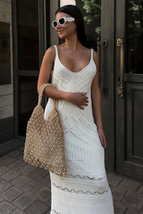 Knit Hollow Out Pattern Deep V Neck Midi Slip Dresses-White