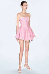 Guipure Lace Tied Up Floral Print Mini Tube Dresses-Pink