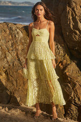 Floral Pattern Tiered Pleated Slit Hem Midi Slip Dresses-Yellow