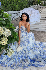 Floral Print Tie Up Cami Cinch Waist Tulle Elegant Gowns Maxi Dresses-Blue