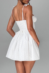 Spaghetti Strap Tie Up Corset A-Line Jacquard Mini Dresses-White Pre Order