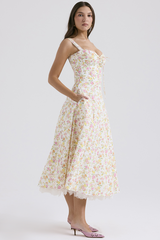 Ditsy Floral Print Sweetheart Neckline A-Line Lace Trim Slip Midi Dresses-White