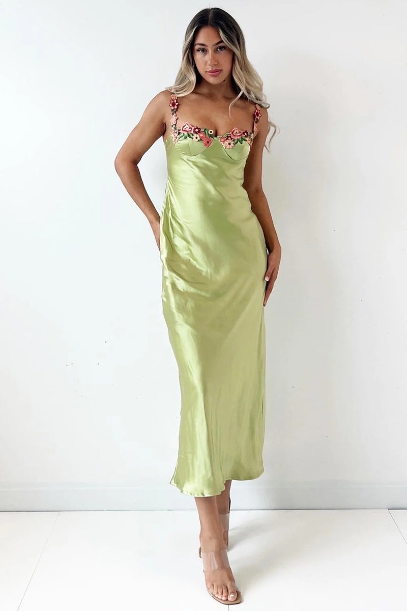 Embroidered Flower Boat Neck High Slit Satin Slim Garden Party Slip Maxi Dresses