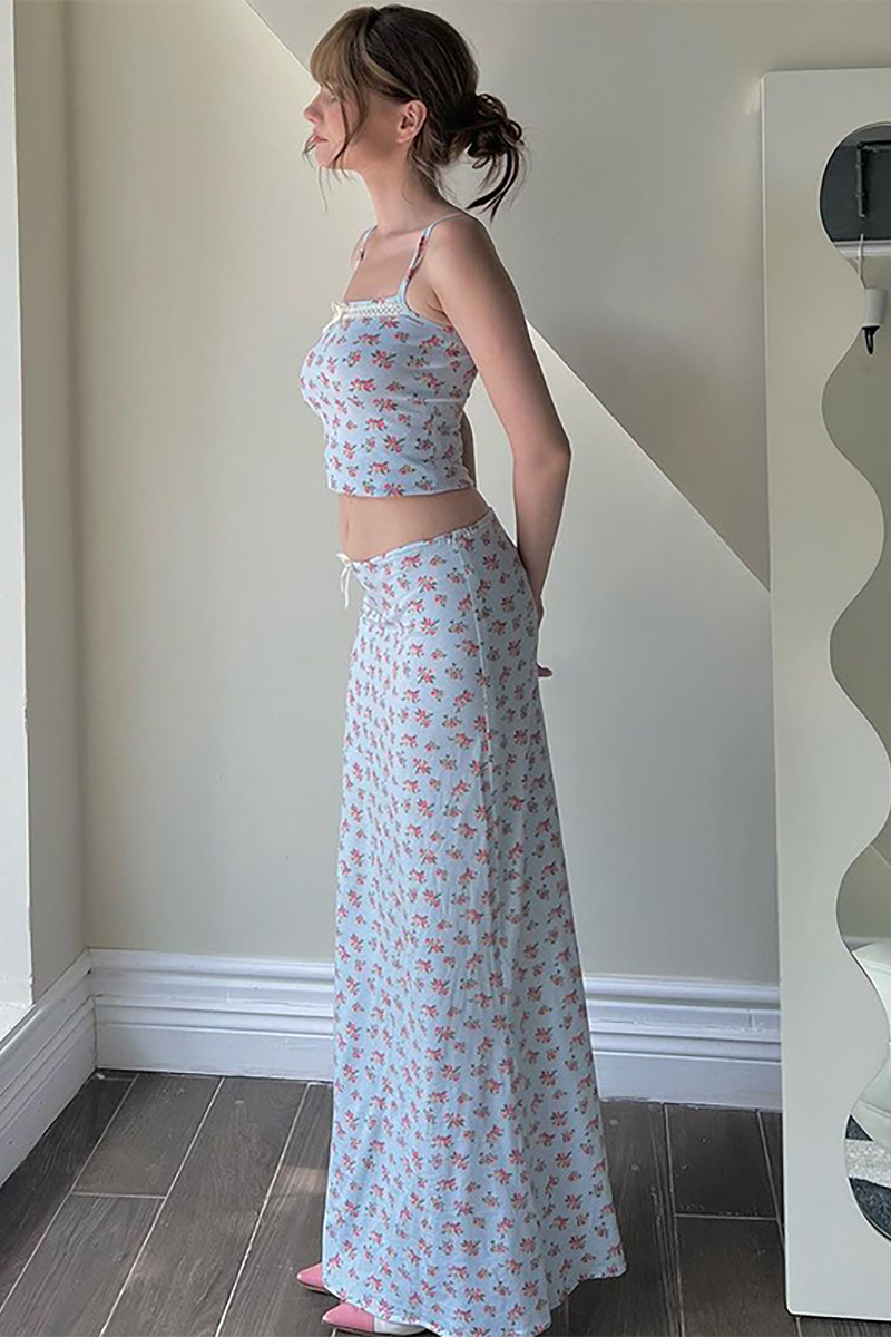 Ditsy Floral Print Crop Cami Low-Rise Slim Fit Maxi Skirt Matching Set-Blue