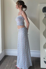 Ditsy Floral Print Crop Cami Low-Rise Slim Fit Maxi Skirt Matching Set-Blue