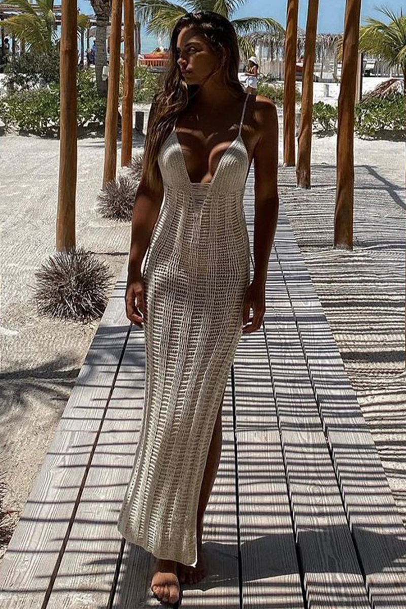 Deep V Neck Hollow Out Slim Fit Side Slit Knit Slip Maxi Dresses-White