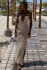 Deep V Neck Hollow Out Slim Fit Side Slit Knit Slip Maxi Dresses-White