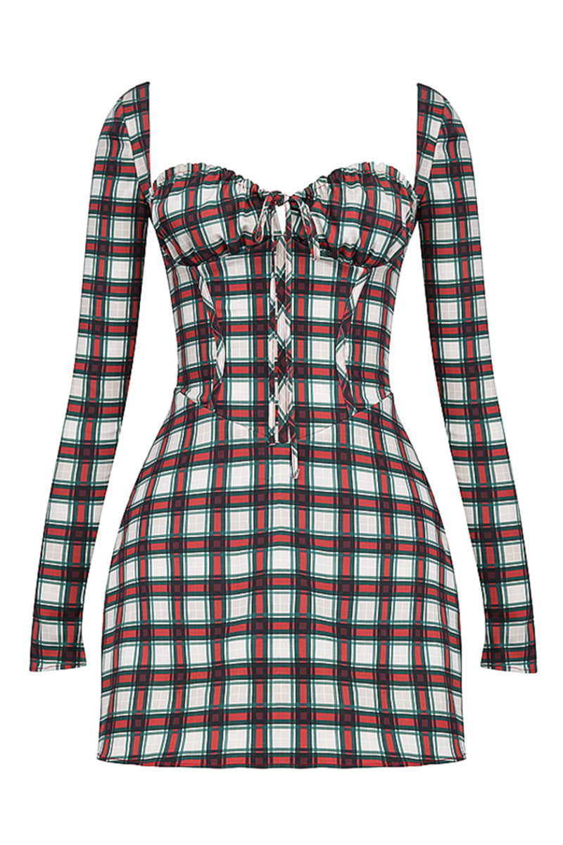 Long Sleeve Square Neck Lace Up Plaid Print Mini Dresses-Red