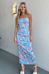 Floral Print Slim Fit Slit Hem Midi Tube Dresses-Blue Pre Order