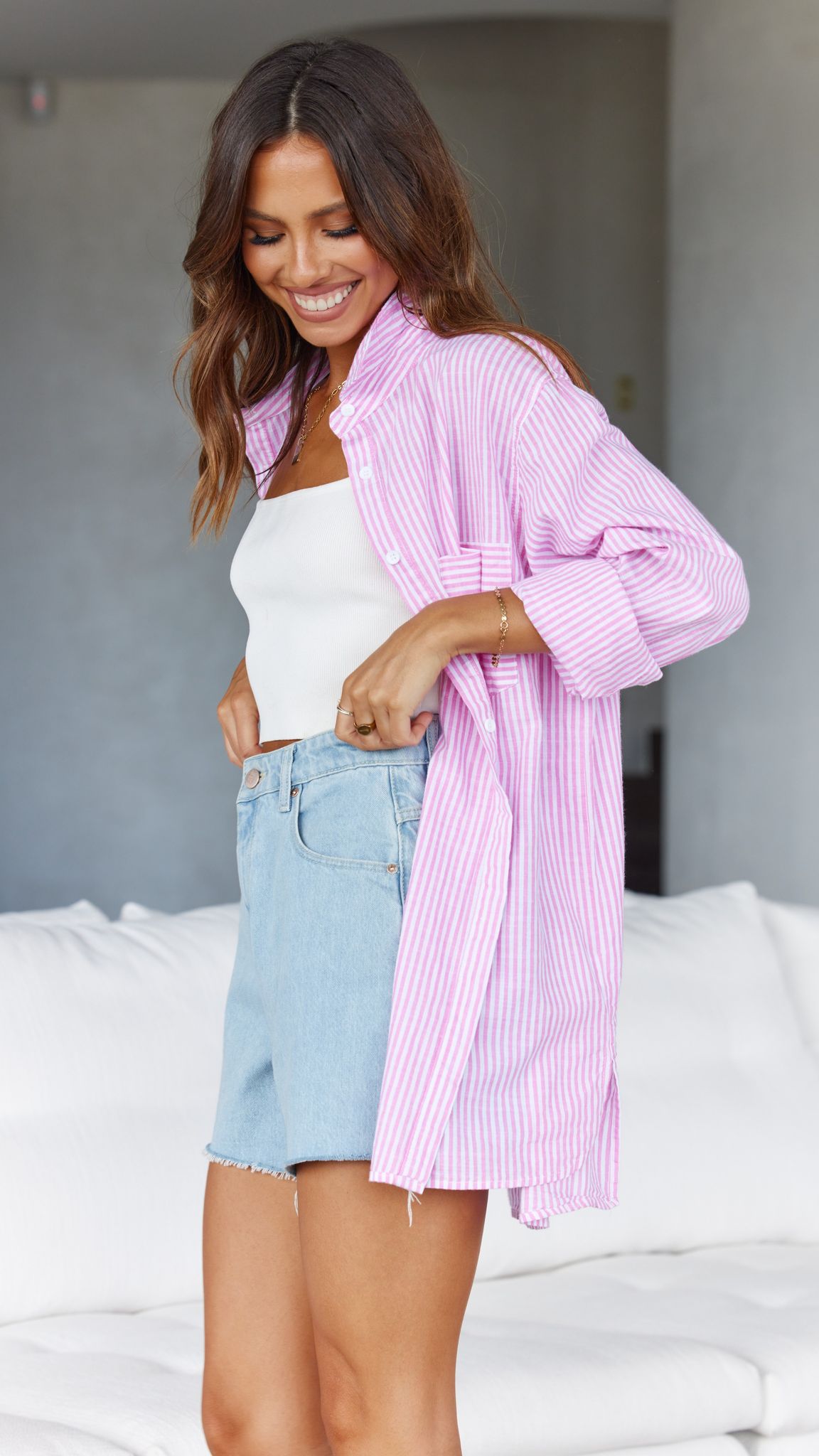 Relaxed Fit Button Up Shirt Set-Pink/Blue Stripe