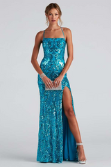 Sequin Pattern High Slit Lace Up Backless Party Gowns Maxi Slip Dresses-Blue