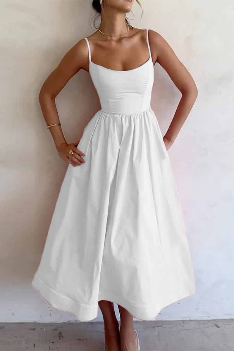 Solid Color U Neck Cinch Waist Spaghetti Strap Midi Dresses-Pink