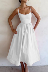 Solid Color U Neck Cinch Waist Spaghetti Strap Midi Dresses-Pink