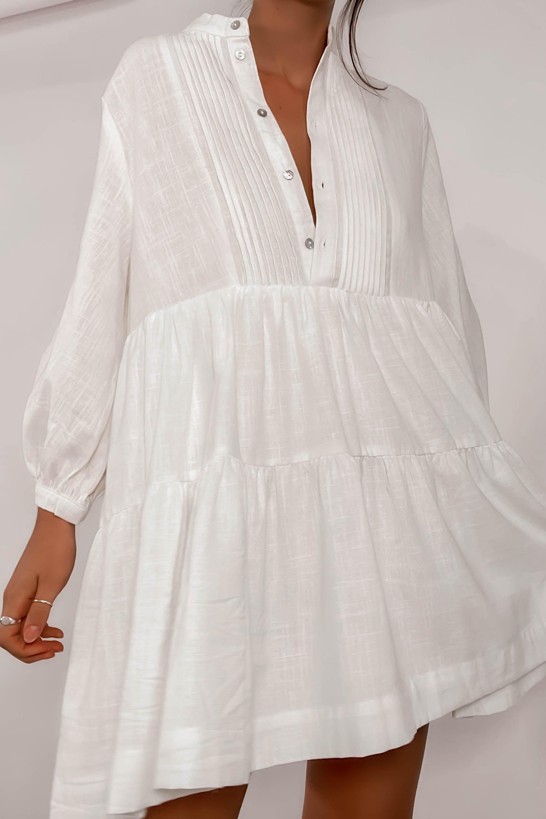 Long Sleeve Button White Mini Dresses