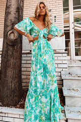 V Neck Flare Sleeve Knotted Top Floral Maxi Skirt 2pcs Set-Green Pre Order