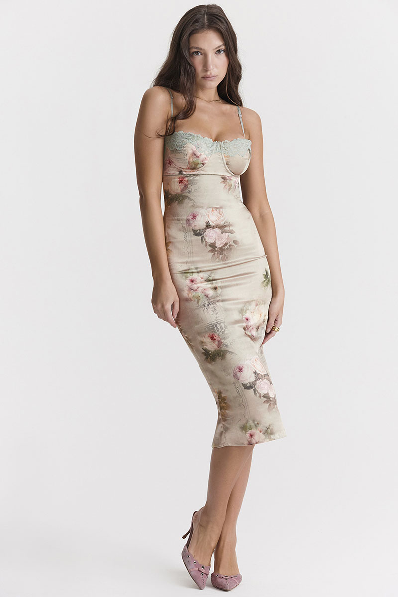 Floral Print Lace Trim Bustier Cocktail Party Cami Midi Dresses