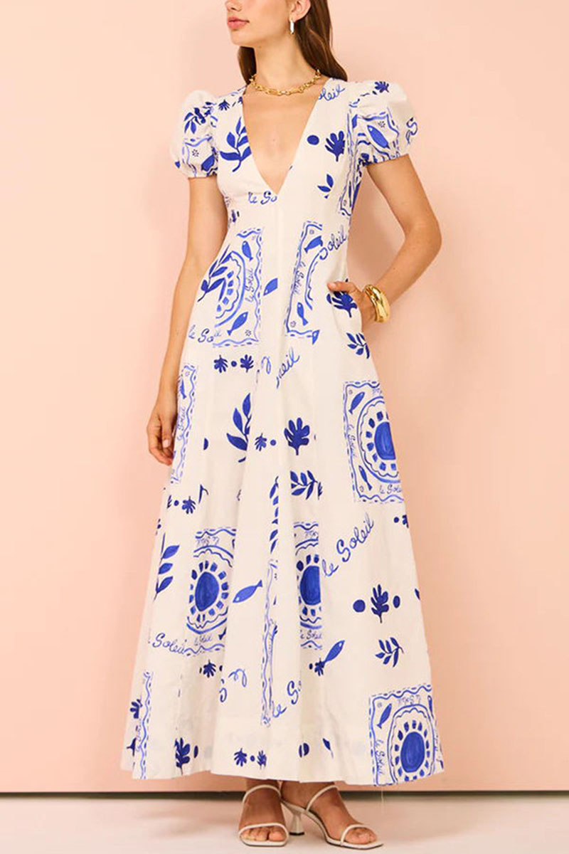 V Neck Puff Sleeve Cinch Waist Boho Print Vacation Maxi Dresses-Beige