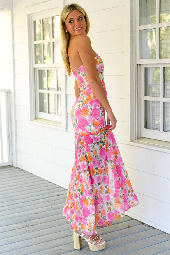 Floral Print Strapless Slit Side Flowy Maxi Dresses-Pink