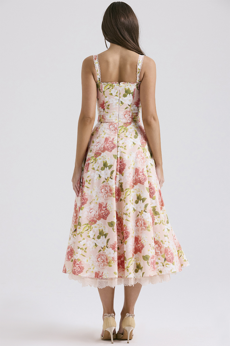 Floral Print Front Tie Up Corset A-Line Garden Party Slip Midi Dresses-Pink