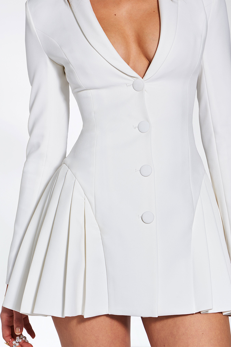 Deep V Neck Long Sleeve Button Up Cinch Waist Pleated Blazer Mini Dresses-White