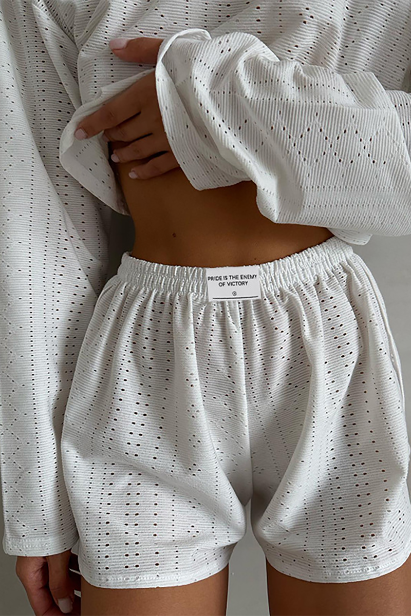 Solid Color Hollow Out Long Sleeve Crop Top Casual Shorts Matching Set-White