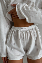 Solid Color Hollow Out Long Sleeve Crop Top Casual Shorts Matching Set-White