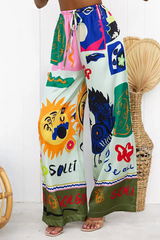 Sleeveless Halter Top Mixed Prints Wide Leg Pants Matching Set-Green