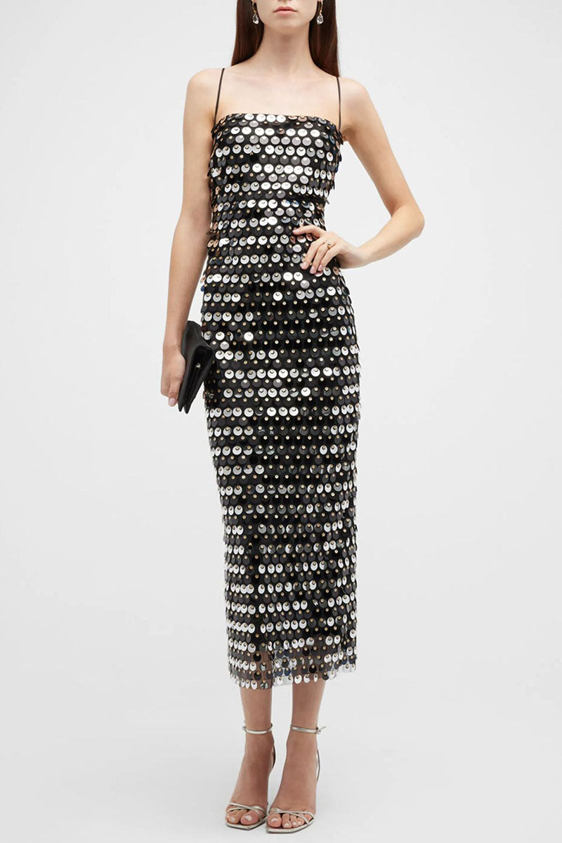 Sequins Spaghetti Strap Slim Fit Birthday Party Midi Dresses-Silver