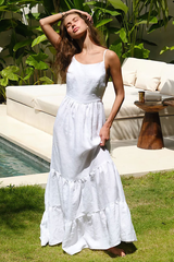 Solid Color Tie Up Backless A-Line Maxi Strappy Dresses-White