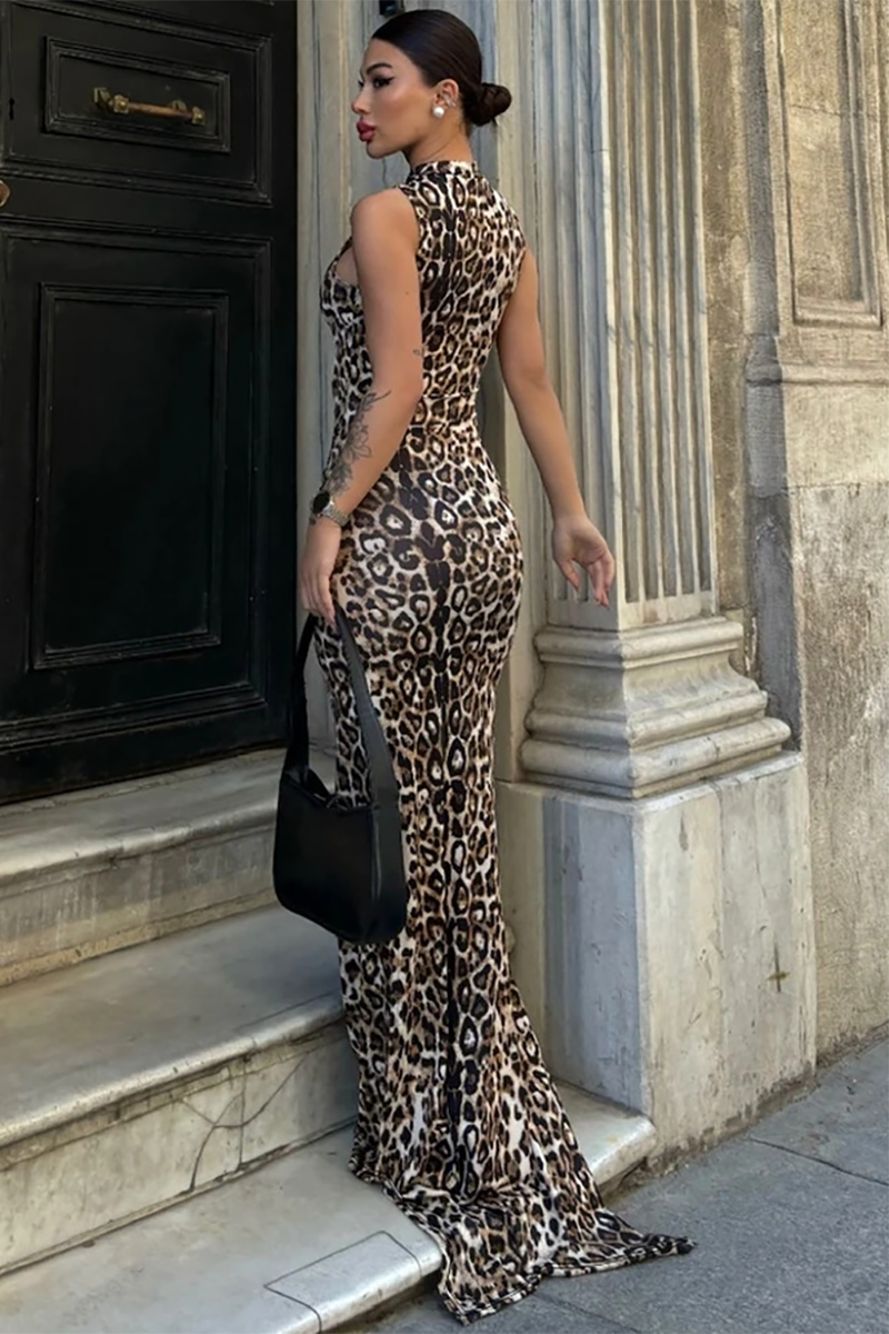 Leopard Print Mock Neck Sleeveless Tie Up Slim Fit Maxi Dresses-Brown