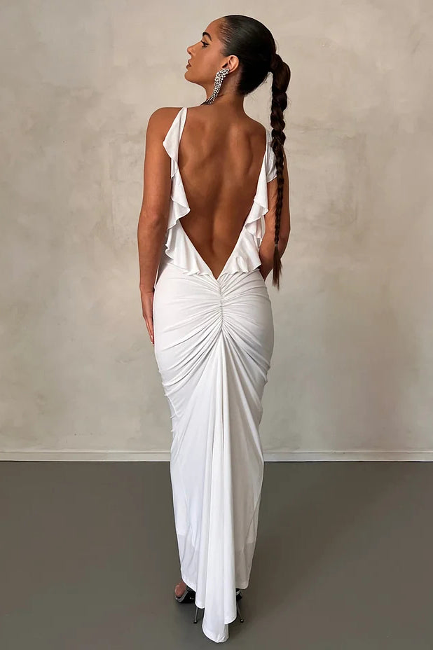 Ruffled Backless Plunge Slip Bodycon Party Maxi Dresses