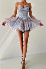 Sweetheart Neck Floral Print A-Line Mini Dresses-Blue Pre Order