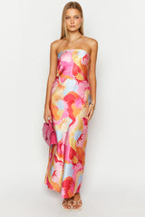 Sun Print Strapless Pocket Bodycon Vacation Maxi Dresses-Pink