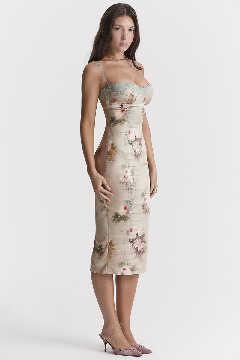 Floral Print Lace Trim Bustier Cocktail Party Cami Midi Dresses