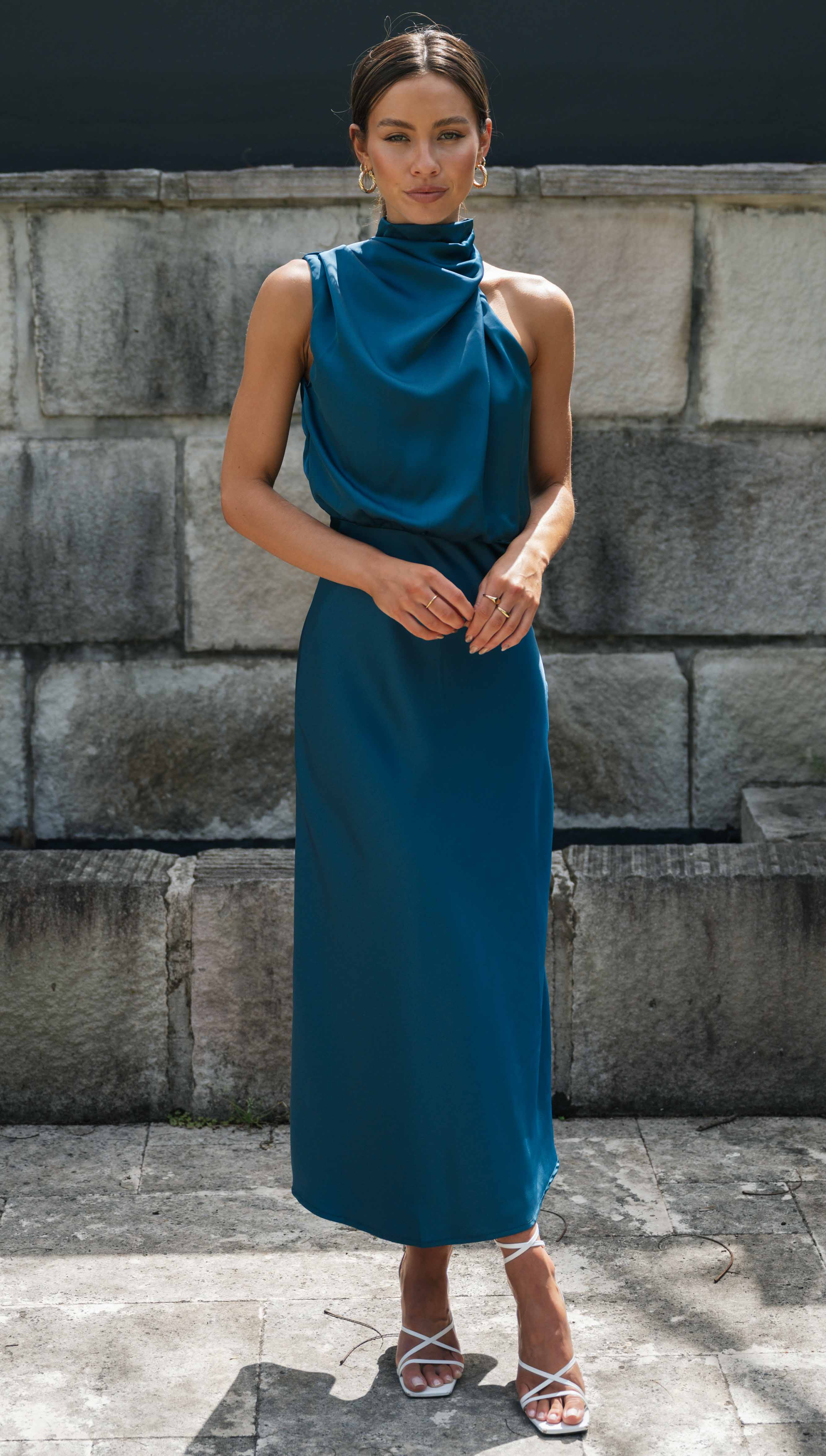 Turtleneck Sleeveless Satin Midi Dresses
