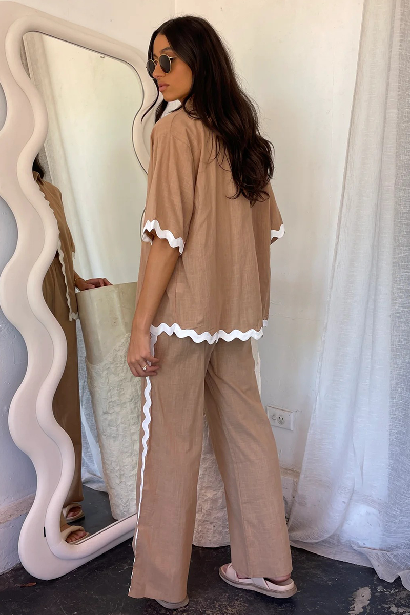 Colorblock Wavy Trim Half Sleeve Blouse Wide Leg Pants Matching Set-Beige