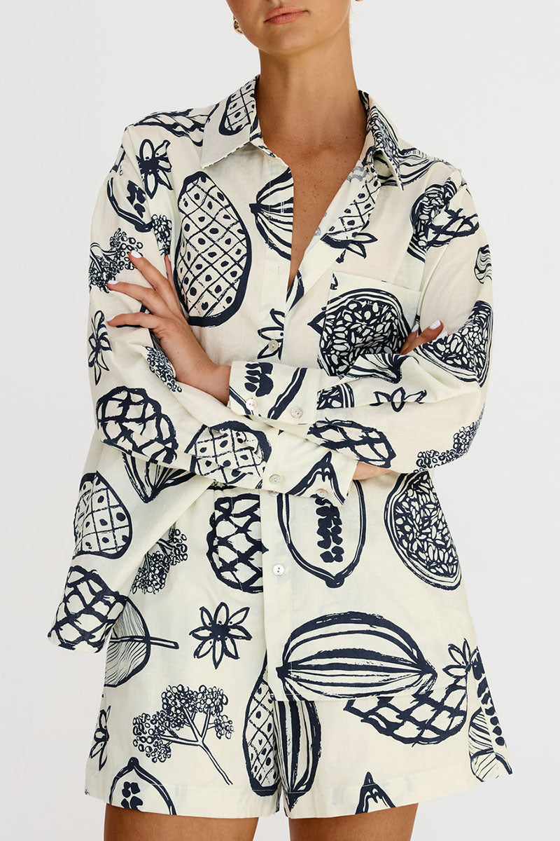 Floral Fruit Print Long Sleeve Shirt Casual Short Two Piece Set