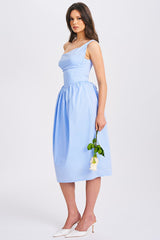 Cowl Neck Lace Up Cinch Waist Solid Color Midi Dresses-Blue Pre Order