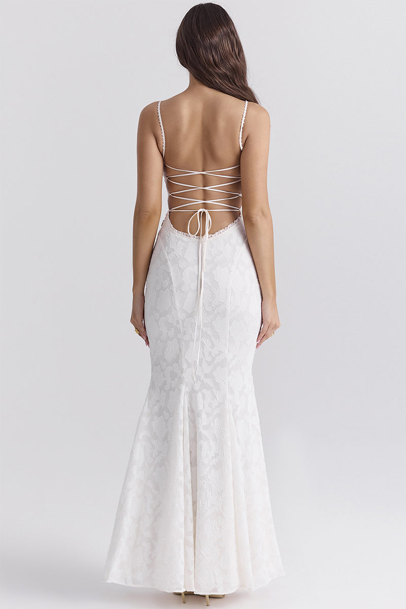 Jacquard Lace Back Lace Up Fishtail Hem Slip Maxi Dresses-White