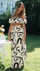Doodle Printed Off-shoulder Maxi Dress Matching Set