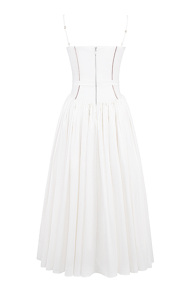 Spaghetti Strap Boat Neck Cinch Waist Pleated Hem Maxi Dresses-White