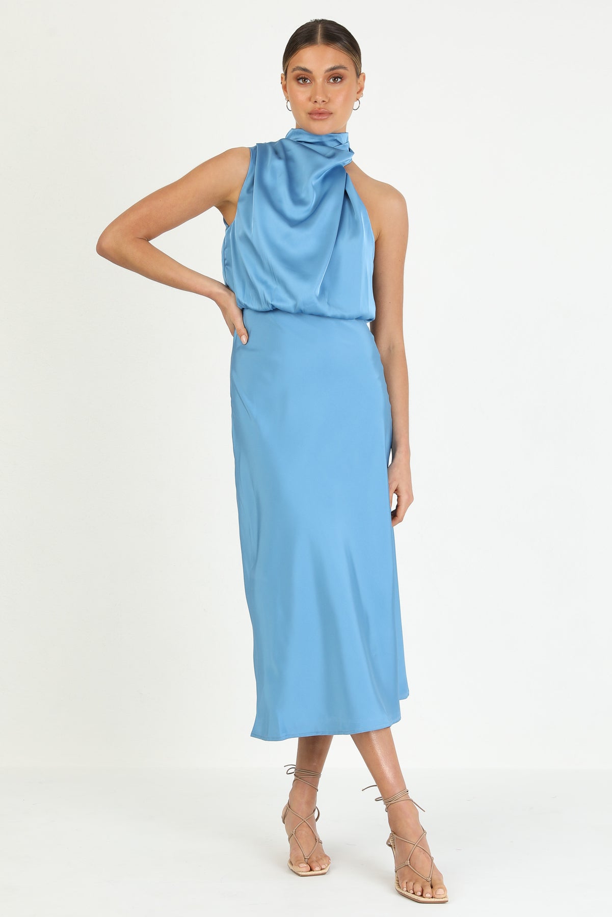 Turtleneck Sleeveless Satin Midi Dresses