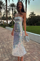 Sequins Spaghetti Strap Slim Fit Birthday Party Midi Dresses-Silver