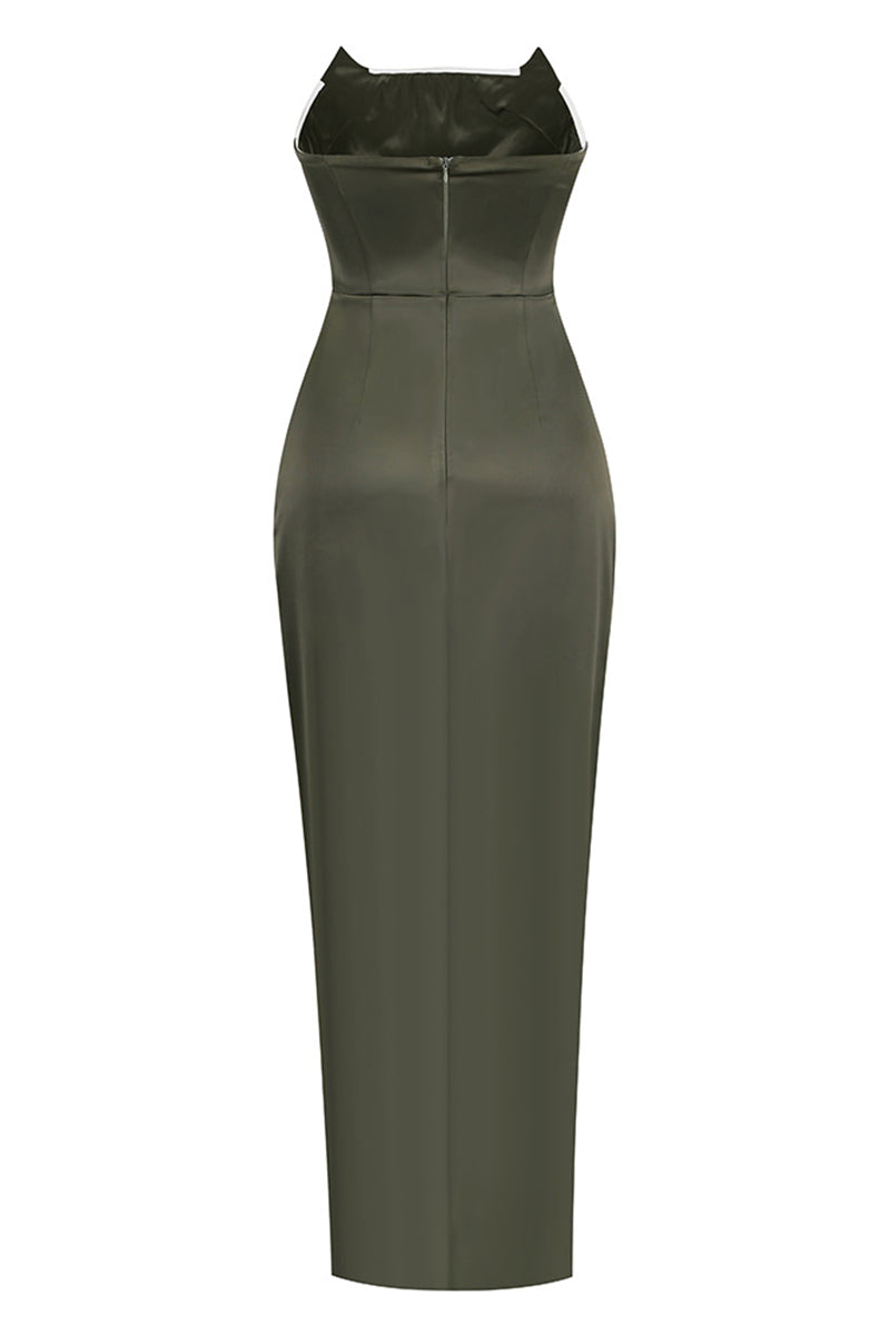 Irregular Neck Seam Corset Strapless High Slit Satin Evening Gown Slim Maxi Dresses