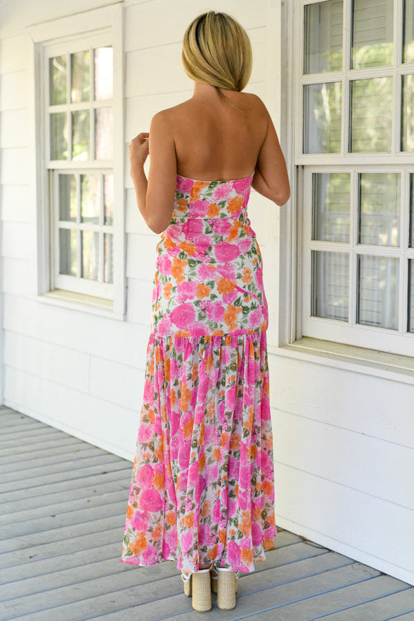 Floral Print Strapless Slit Side Flowy Maxi Dresses-Pink