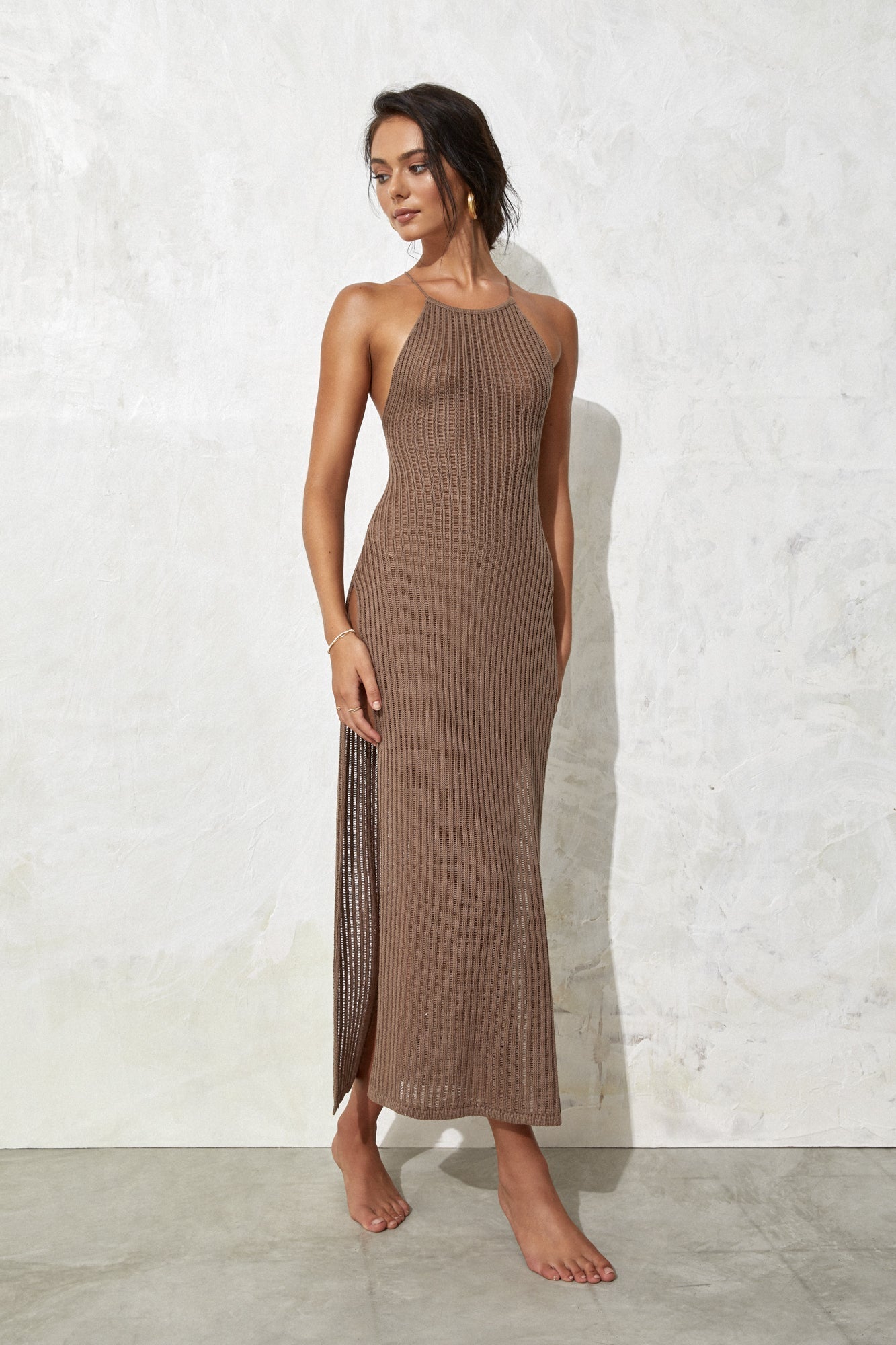 Ribbed Knit Open Back High Slit Maxi Dresses