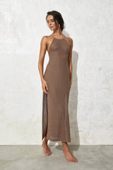 Ribbed Knit Open Back High Slit Maxi Dresses