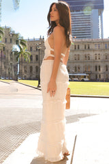 Backless Halter Top Wrinkle Ruffle Maxi Skirt 2pcs Set-Beige